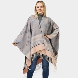 Navy Aztec Patterned Print Geometric Shawl Scarf Poncho Sweater Cape Womens Wrap